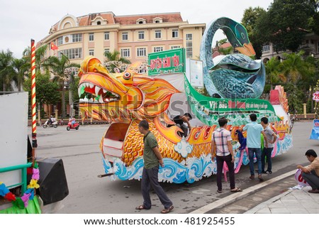 Tuyen Quang, Vietnam September 10, 2016: The giant lanterns homemade associated with the symbol of the fairy tales and legends of the Mid-Autumn Festival (full moon night in August) in Vietnam