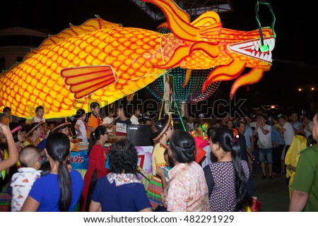 Tuyen Quang, Vietnam September 10, 2016: The giant lanterns homemade associated with the symbol of the fairy tales and legends of the Mid-Autumn Festival (full moon night in August) in Vietnam