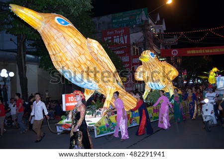 Tuyen Quang, Vietnam September 10, 2016: The giant lanterns homemade associated with the symbol of the fairy tales and legends of the Mid-Autumn Festival (full moon night in August) in Vietnam