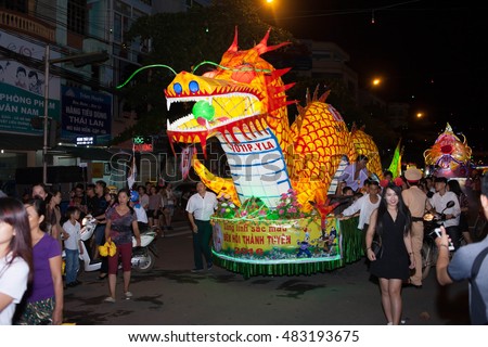 Tuyen Quang, Vietnam September 10, 2016: The giant lanterns homemade associated with the symbol of the fairy tales and legends of the Mid-Autumn Festival (full moon night in August) in Vietnam