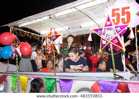 Tuyen Quang, Vietnam September 10, 2016: The giant lanterns homemade associated with the symbol of the fairy tales and legends of the Mid-Autumn Festival (full moon night in August) in Vietnam