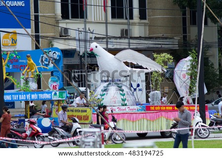 Tuyen Quang, Vietnam September 10, 2016: The giant lanterns homemade associated with the symbol of the fairy tales and legends of the Mid-Autumn Festival (full moon night in August) in Vietnam