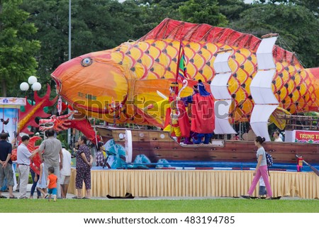 Tuyen Quang, Vietnam September 10, 2016: The giant lanterns homemade associated with the symbol of the fairy tales and legends of the Mid-Autumn Festival (full moon night in August) in Vietnam