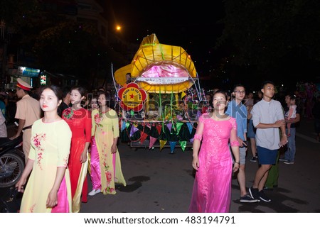 Tuyen Quang, Vietnam September 10, 2016: The giant lanterns homemade associated with the symbol of the fairy tales and legends of the Mid-Autumn Festival (full moon night in August) in Vietnam