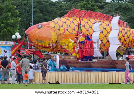 Tuyen Quang, Vietnam September 10, 2016: The giant lanterns homemade associated with the symbol of the fairy tales and legends of the Mid-Autumn Festival (full moon night in August) in Vietnam