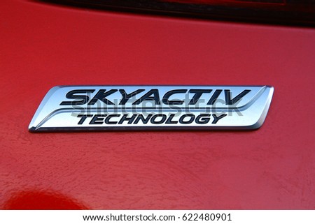 ISTANBUL - APRIL:Mazda skyactiv technology close-up logo April, 2017 Istanbul. Mazda Motor Corporation is a Japanese multinational automaker founded.