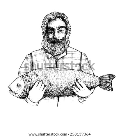 Fisherman Black White Sketch Stock Vector 258139364 - Shutterstock