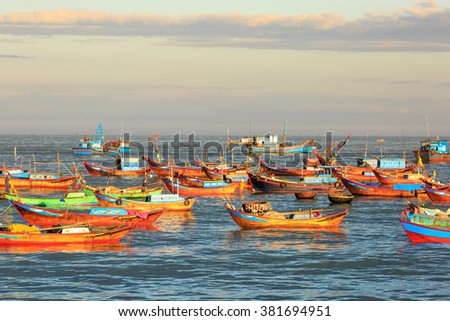 Nha Trang city, Vietnam - January 28, 2016: Fishing boats in the fishing village near NhaTrang city, Vietnam