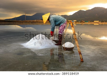 Ninh Thuan Province, Vietnam - February 28, 2016 : woman is working on salt field at dawn. Salt field Hon Khoi in Nha Trang, Viet Nam. Workers transporting salt from the fields Hon Khoi, Viet Nam.