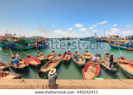 Phu Quoc island, Kien Giang province, Vietnam - May 02, 2016: People's daily life at the fishing village at port on Phu Quoc island, Traditional boats fishmen's on Phu Quoc island