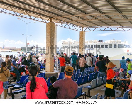 Ha Tien Town, Kien Giang province, VietNam - May 03, 2016 : ThachThoi large ferries: passengers are queuing to get on the ferry to travel to Phu Quoc Island. The ferry transports thousands passengers