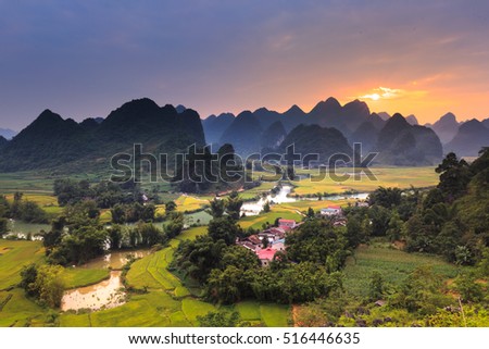 Magical sunset on the area near mountain Phong Nam, Cao Bang province, Vietnam
