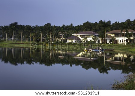 Flamingo Dai Lai, Vinh Phuc province, Vietnam - October 11, 2016 : reflection of villa in the lake at Flamingo Dai Lai resort of Vinh Phuc Province, Vietnam