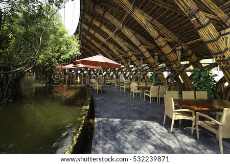 Flamingo Dai Lai resort, Vinh Phuc province, Vietnam - October 12, 2016 : luxurious restaurant made entirely of bamboo materials. Designed in contemporary style at Vinh Phuc Province, Vietnam