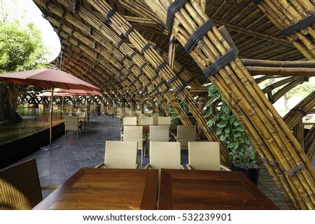 Flamingo Dai Lai resort, Vinh Phuc province, Vietnam - October 12, 2016 : luxurious restaurant made entirely of bamboo materials. Designed in contemporary style at Vinh Phuc Province, Vietnam
