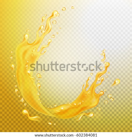 Transparent orange liquid splash. Juice frame. Water, honey, oil, juice, beer, shampoo. Vector illustration.