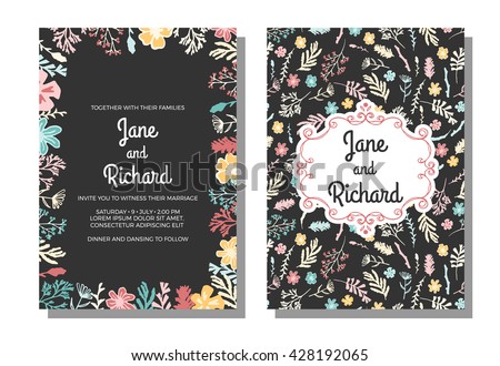 Wedding invitation, save the date cards. Vector illustration, wildflowers, berries and moss on dark background. Invitation with floral pattern and freehand classic frame