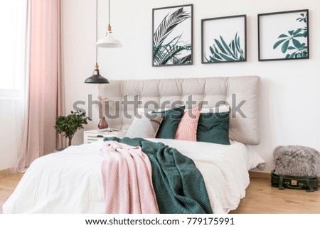 Black and white lamp above bed with pink and green blanket against a wall with gallery Black and white lamp above bed with pink and green blanket against a wall with gallery