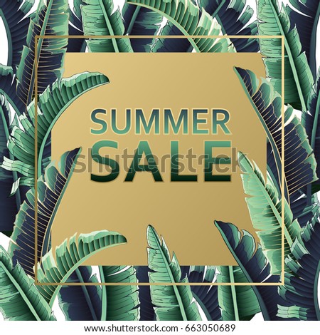 Sale banner, poster with palm leaves, jungle leaf and handwriting lettering. Floral tropical summer background. Vector illustration gold text.