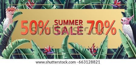 Sale banner, poster with palm leaves, jungle leaf. Floral tropical summer background. Vector illustration parrot, bird in paradise.