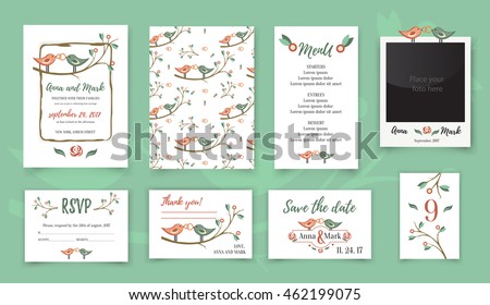 Template wedding card with cute birds on a tree branch. Greeting card. Wedding invitation, thank you card, table card, photo frame vector.