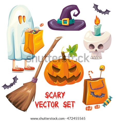 vector cartoon set of color isolated halloween items kid in ghost costume evil pumpkin - Halloween Items vector cartoon set of color isolated halloween items kid in ghost costume evil pumpkin - Halloween Items