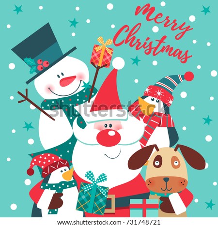Merry Christmas card with Santa Claus, snowman, penguin and dog. Vector illustration.