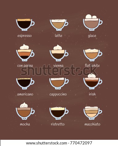 Different Doodle Coffee Drinks Names Isolated Stock Vector 770472097 ...
