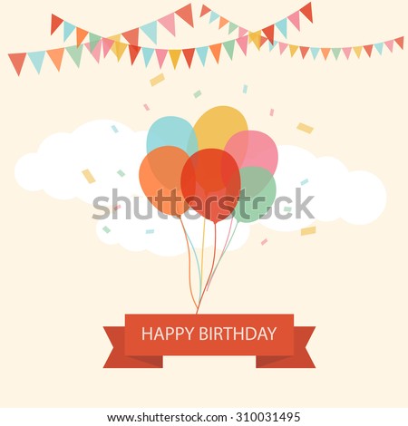 Happy birthday text box, Color balloon with cloud background.