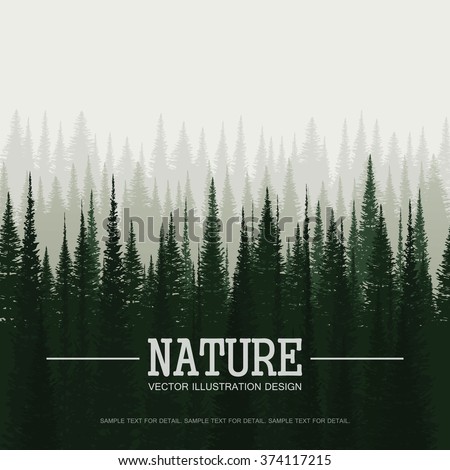 Pine forest in morning. Nature landscape vector background.