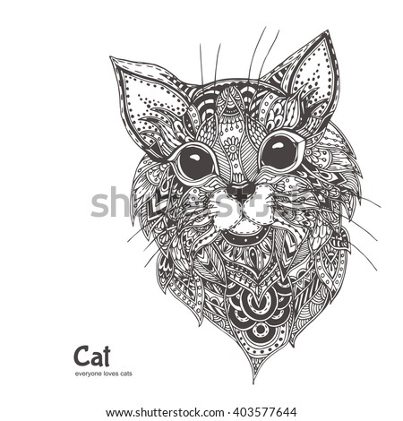 Hand Drawn Cat With Ethnic Floral Doodle Pattern Coloring Page