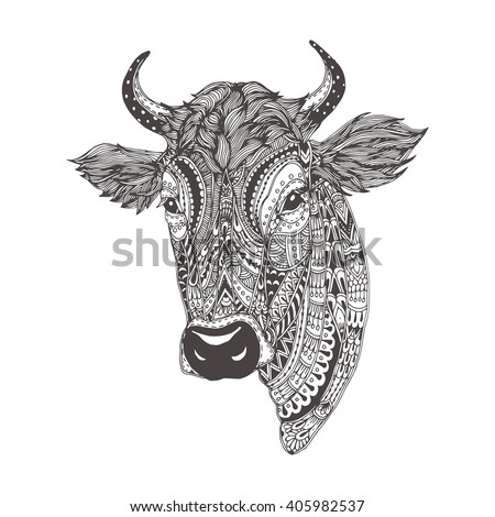handdrawn cow ethnic floral doodle pattern stock vector 405982537