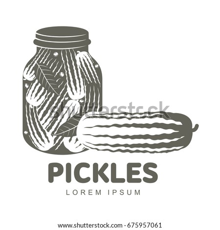 Pickles logo for your design. Home canning, glass jar, pickle, cucumber, marinade, black peppercorn, bay leaf, brine. Pickles badges, labels Vector illustration isolated on white background