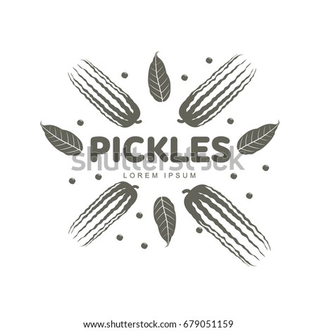 Pickles logo for your design. Home canning, glass jar, pickle, cucumber, marinade, black peppercorn, bay leaf, brine. Pickles badges, labels Vector illustration isolated on white background