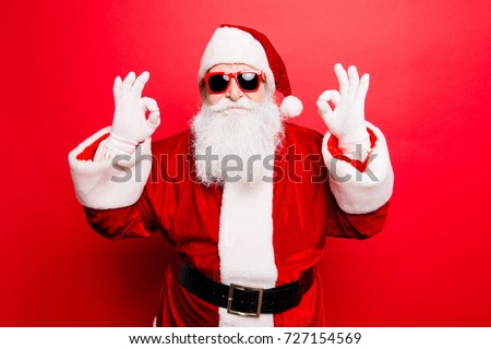 Holly jolly x mas noel! December surprise, travel, trips, party time! Playful cool funny naughty tourist santa grandfather is showing accept signs, fooling around, in trendy specs, so confident