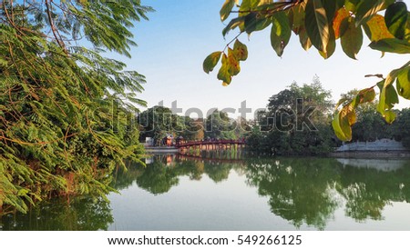 Panoramic view of the famous and well known red-painted wooden bridge in Hanoi, Vietnam