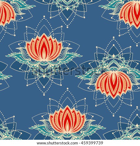 Seamless pattern with lotus flowers. Can be used for backgrounds, business style, tattoo templates, cards design or else. Vector illustration.