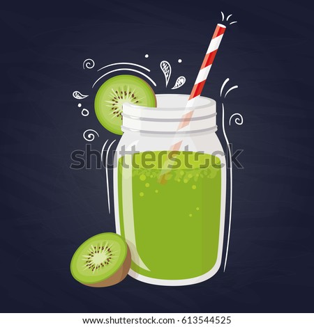 Kiwi smoothie. Vector healthy drink with kiwi fruit on blue background.