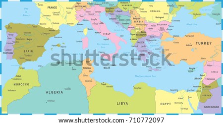 Mediterranean Sea Map Detailed Vector Illustration Stock Vector ...