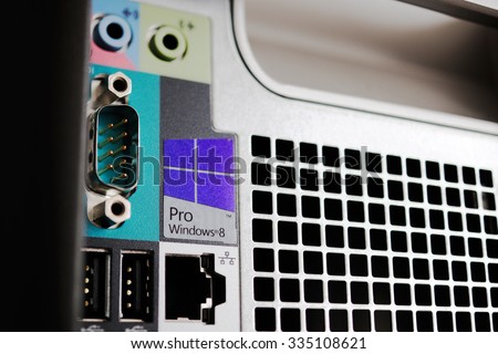 LONDON, UNITED KINGDOM - JUNE 30, 2014: Windows 8 Pro logo on a powerful Dell workstation server line. Windows 8.1 is one of the most used operating system in the world