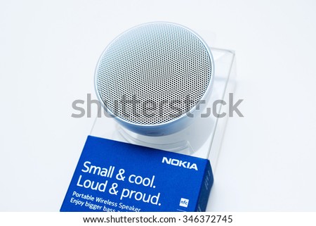 PARIS, FRANCE - JANUARY 14, 2015: Bluetooth Nokia Portable wireless speaker to enjoy a bigger bass and treble sound.