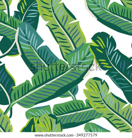 Banana palm leaves on the white background. Vector seamless pattern with tropical plant.
