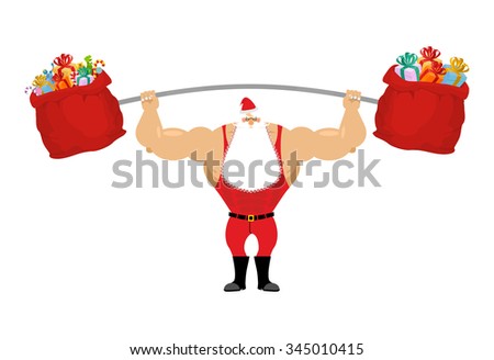 Strong Santa Claus holding barbell and gift bag. Sports for Christmas with beard. Red sack with gifts for aggravation of rod. Powerful man in sport suit.