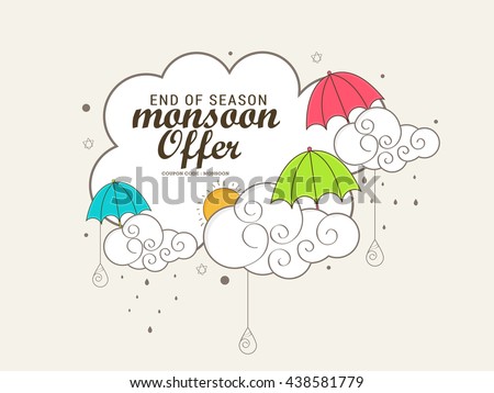 Vector illustration,sale banner,poster for Monsoon season with colorful umbrella raining drops with text space background.