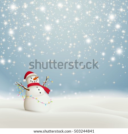Vector Illustration of an Abstract Christmas Greeting Card with Sparkling Stars and a Snowman