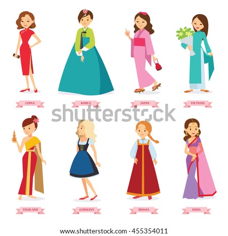 Vector illustration cartoon,girls in the world's traditional costumes: China cheongsam, Korea hanbok, Japan kimono, Vietnam ao dai, Thailand phasin, Germany dirndl, Russia sarafan, India sari.
