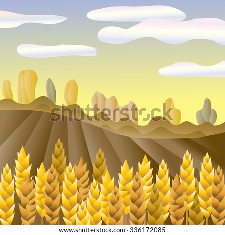 Autumn countryside. Rural landscape. Wheat ears field vector illustration.