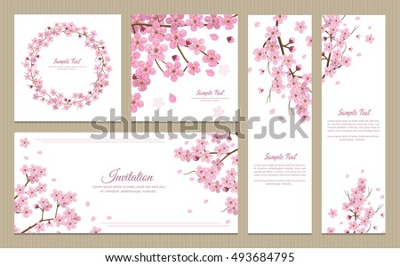 Set of greeting cards, banners and invitation card with blossom sakura flowers.
