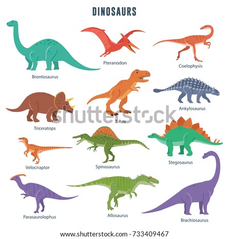 Set Dinosaurs Including Trex Brontosaurus Triceratops Stock Vector ...