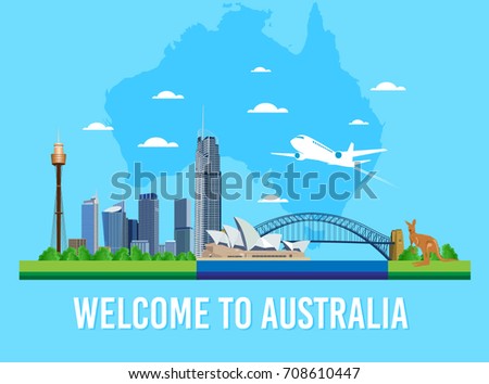 Australia skyline landmark and words welcome to Australia vector for Flat trendy illustration, Travel to Australia, Advertising web illustration, Summer vacation and Traveling banner.